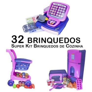 Imagem de Kit Cozinha Infantil Carrinho Caixa Geladeira Microondas 32P - Zuca To