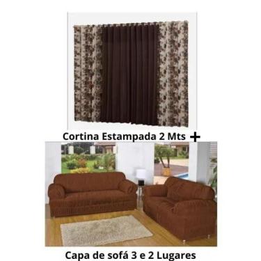 Imagem de Kit Capa De Sofá 2 E 3 Lugares + Cortina 2 Metros Tabaco Estampado - E