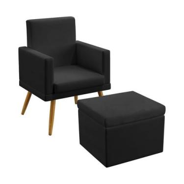 Imagem de Poltrona Nina Com Rodapé Com Puff Quasar Couro Preto Aradecor