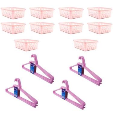 Imagem de Kit 10 Cestos Organizador Médio 20x15,5x6,5+20Cabides Rosa - Trioplast