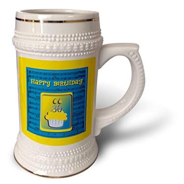 Imagem de 3dRose Cupcake de 30º aniversário em notas musicais, azul e amarelo - Caneca de Stein, 510 g, 623 g, branco