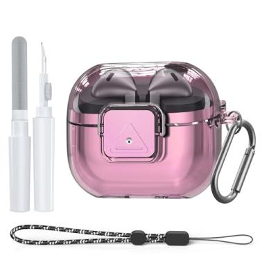 Imagem de Capa para Samsung Galaxy Buds3 FE (2025) / Buds3 Pro (2024) / Buds 3 (2024) com clipe de bloqueio seguro, capa transparente de TPU flexível com kit de limpeza, mosquetão e cordão (rosa claro)