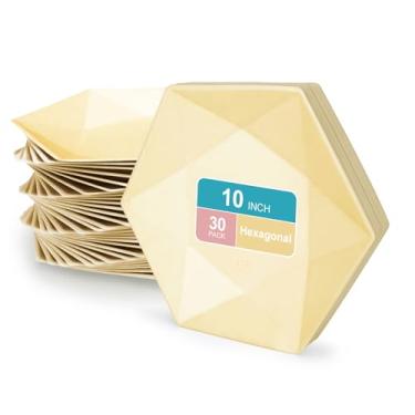 Imagem de BangShou Pacote com 30 pratos hexagonais descartáveis, pratos amarelos biodegradáveis de 25 cm, pratos de papel hexagonais para festa, casamento, aniversário, churrasco, festa, refeições diárias e