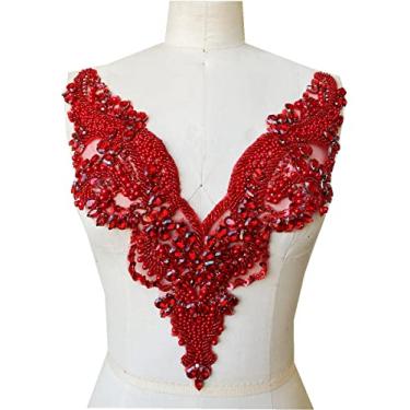 Imagem de Aplique de renda de strass feito à mão costurado em miçangas remendos acessórios para roupas de vestido decote (vermelho)