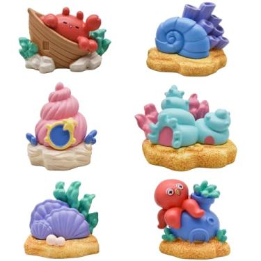 Imagem de Pinenjoy 6 peças mini estatuetas de casa de concha, figuras de criaturas marinhas coloridas de resina para artesanato faça você mesmo, terrário, plantador de suculentas, paisagem de musgo, decoração