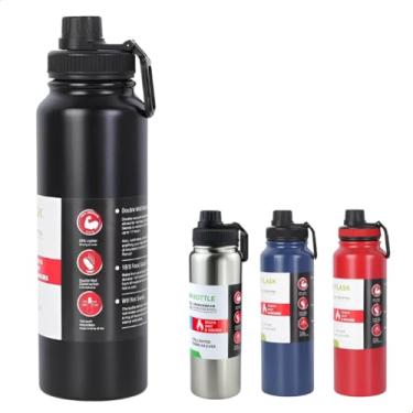 Imagem de Garrafa Térmica Parede Dupla Isolada a Vácuo 1000ml 1 Litro Mantém Bebidas Quentes por 8 Horas e Geladas por 12 Horas (Preta)