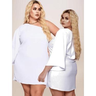 Imagem de Vestido Plus Size Curto Branco Moda Plus Size Jovial Manga Única Godê 