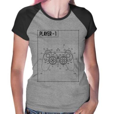 Imagem de Baby Look Raglan Player 1 Controle Joystick - Foca na Moda, Cinza, Pre