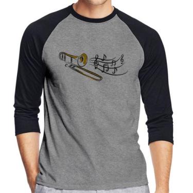 Imagem de Camiseta Raglan Trombone Notas Musicais Manga 3/4 - Foca na Moda, Cinz