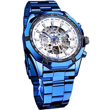 Imagem de FORSINING Relógio de pulso masculino com esqueleto de corda automática vazada e mecânica, pulseira de aço inoxidável azul e preto à prova d'água, Azul, branco, Mecânica