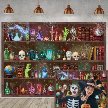 Imagem de Pano de fundo de laboratório de química Halloween escola mágica bruxa veneno boticário caveira mágica laboratório fotografia fundo cientista louco chá de bebê decoração de festa (18 x 1,5 m)