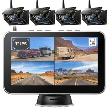 Imagem de ZEROXCLUB 4 câmeras de backup magnéticas solares sem fio HD1080P monitor DVR de 7 polegadas, instalação sem fio de 3 minutos, 9600 mAh, câmeras de backup de RV retrovisoras recarregáveis solares sem