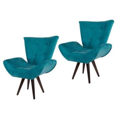 Imagem de Kit 02 Poltronas Decorativa Emília Pés Tabaco Suede Azul Turquesa - SA