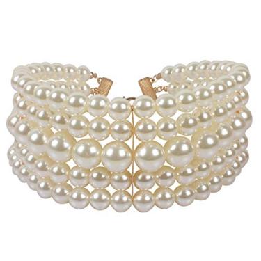 Imagem de COLORFUL BLING Colar gargantilha elegante com 5 fileiras de pérolas simuladas com brincos conjunto de joias femininas, Metal, Liga metálica.