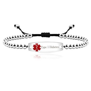 Imagem de Uloveido Pulseira de identificação de alerta médico gravada a laser para mulheres de primeiros socorros de emergência, pulseira de alerta de saúde gravada com contas de aço inoxidável de 4 mm para