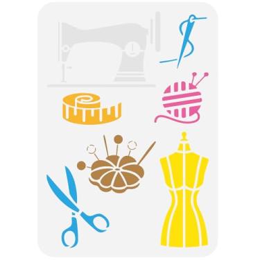 Imagem de FINGERINSPIRE Estêncil de ferramentas de costura, 21 x 29,7 cm, estêncil de máquina de costura de plástico reutilizável para pintura de tecido, decoração de madeira