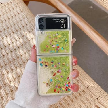 Imagem de para Samsung Z Flip 5 Glitter Quicksand Case para Samsung Galaxy Z Flip 5 4 3 ZFlip 5 flip4 Gradient Love Heart Bling Cover, verde, para Samsung Z Flip 4