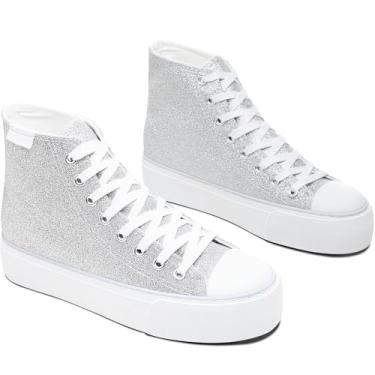 Imagem de ALTOCIS Tênis feminino confortável de plataforma de cano alto, casual de cano médio, tênis moderno de camurça sintética, tênis clássico de caminhada com cadarço, Glitter prateado, 34