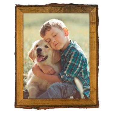 Imagem de Porta-retrato de 21 x 28 cm, marrom rústico, moldura de madeira maciça com bordas de casca e capa de vidro real, exibir imagens/fotos/impressões 21 x 27 cm para montagem na parede, decoração de