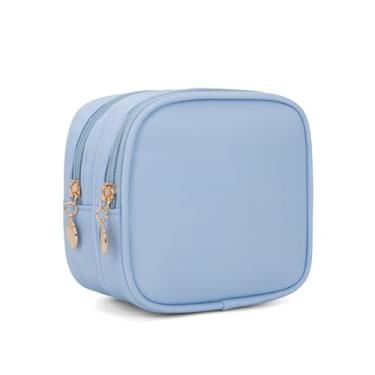 Imagem de XIAOLER Bolsa de maquiagem pequena, bolsa de cosméticos com zíper duplo, bolsa de maquiagem de viagem, linda bolsa de maquiagem para bolsa, mini bolsa de higiene pessoal, Azul, Todo mundo