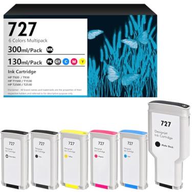 Imagem de 727 cartuchos de tinta pacote com 6 (300 ml preto fosco/130 ml foto preto/cinza/ciano/magenta/amarelo) atualização compatível com HP DesignJet T920 T1500 T2500 T930 T1530 T2530