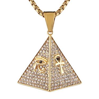 Imagem de AsAlways Colar de pirâmide banhado a ouro 18K para homens, aço inoxidável, zircônia cúbica, copta, Ankh, cruz, olho de Hórus, colar com pingente do Egito Antigo, 3.64 * 3.64cm / 1.43 * 1.43 in, Aço