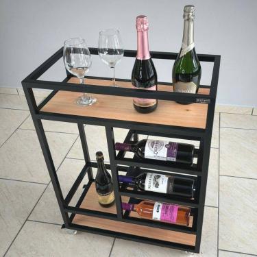 Imagem de Carrinho Bar Estilo Industrial Preto Com Adega Para 9 Garrafas