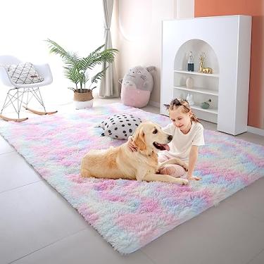 Imagem de Tapetes arco-íris para quarto de meninas, sala de estar, 1,1 x 1,8 m, tapete felpudo felpudo para quarto de crianças, tapete felpudo de pelúcia pastel para quarto de bebê