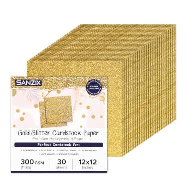 Imagem de SANZIX Cartolina dourada com glitter 30 x 30 cm, 30 folhas - 49,9 kg, 300 g/m² - Papel com glitter para Cricut, cartões de Natal, scrapbook, artesanato DIY, cartões personalizados, decoração,