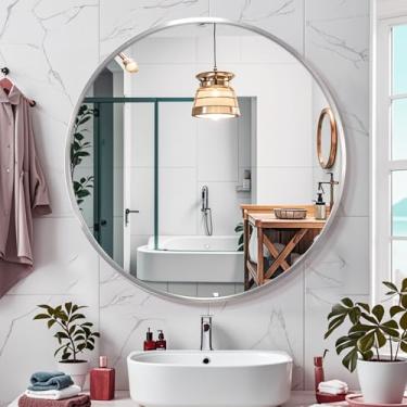 Imagem de Janboe Espelho redondo prateado de 76 cm, moldura de escova de alumínio, espelho de penteadeira montado na parede, espelho sem cobre de 5 mm