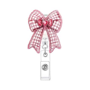 Imagem de Carretel retrátil para crachá de identificação de laço de glitter rosa carretel de crachá com desenhos de laço de grade fofa com clipes retráteis para enfermeira médica, enfermeira, estudante,