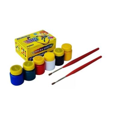 Imagem de Kit Tinta Guache Tempera 6 Cores Acrilex 15 Ml + Dois Pinceis  Criança