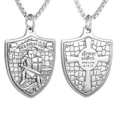 Imagem de Colar masculino com pingente de medalha de escudo de armadura templária, aço inoxidável 316L, corrente quadrada de pérola de aço inoxidável prata, joia vintage, Standard, Aço inoxidável, Sem Pedra