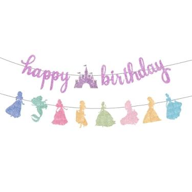 Imagem de Neyeidru Decorações de banner de aniversário de princesa - guirlanda de feliz aniversário rosa com glitter para meninas coquete decorações de festa de aniversário suprimentos de lembrancinha