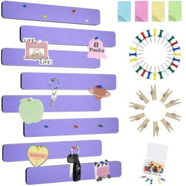 Imagem de Vuzvuv 8 tiras de barra de quadro de avisos com 50 pinos e 10 pinos de clipe de madeira, placa de cortiça autoadesiva para parede, placa de feltro para escola, decoração de escritório (roxo médio)