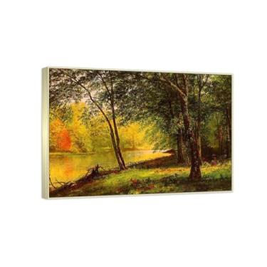 Imagem de Emoldurado - Arte de parede famosa - Reprodução de pinturas famosas de Bierstadt - Impressão em tela - Fotos decorativas de sala de estar de escritório (Rio mercado) 40 x 56 cm (15,8 x 22,0 pol)