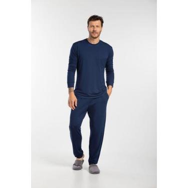 Imagem de Conjunto Pijama Masculino Em Malha Longo  - Cor De Cacau, GG, Azul mar