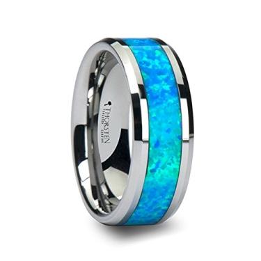 Imagem de QUASAR Aliança de casamento de metal contemporânea de tungstênio com opala verde azul incrustada 8 mm de largura, Metal, tungstênio, Opala