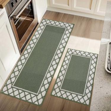 Imagem de COSY HOMEER Conjuntos de 2 tapetes de cozinha laváveis antiderrapantes para tapete de cozinha absorvente de chão para tapete de cozinha, tapete de pia e lavanderia, 51 x 76 cm + 51 x 122 cm, verde