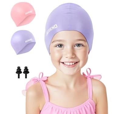 Imagem de Aegend Pacote com 2 toucas de natação infantis para meninas e meninos de 3 a 8 anos, touca de natação impermeável de silicone durável para cabelos longos, rosa claro e roxo claro