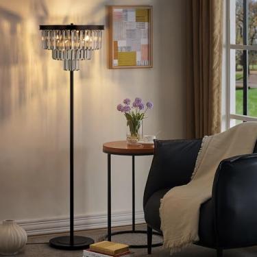 Imagem de Wellmet Luminária De Chão Preta Com 4 Luzes, Luminária De Pé Moderna De Cristal Cinza Esfumaçado De 3 Níveis Para Sala De Estar, Iluminação Brilhante, Luminária De Chão Alta De Cristal Elegante Com