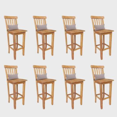 Imagem de Kit 08 Banqueta Alta Com Encosto Wood Madeira Maciça Peroba Rosa Com Almofada Suede Bege - Ahz Móveis