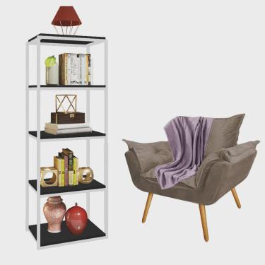 Imagem de Kit Poltrona Fatte com Manta Soft Lilás e Estante Livreiro Ferro Branco mdf Preto Suede Bege - Ahazzo Móveis