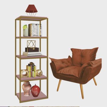 Imagem de Kit Poltrona Fatte com Estante Livreiro Ferro Dourado mdf Rose Suede Terracota - Ahazzo Móveis