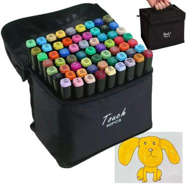 Imagem de Canetinhas Estojo 60 Cores Canetas Ponta Dupla Marcador Permanente Bolsa Arte Desenho Escola Faculdade