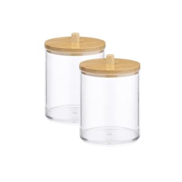 Imagem de Kit 2 Porta Cotonetes Algodão em Acrílico Cristal Com Tampa Maquiagens Elásticos Multiuso Universal (Tampa Bambu)
