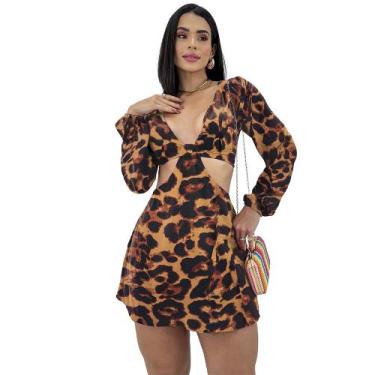 Imagem de Macaquinho Feminino Curto Viscose Manga Longa Bufante Decotado Soltinh