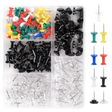 Imagem de 200 peças de pinos de plástico com tachas para polegar, 2 estilos, pinos transparentes, tachinhas pretas e um pouco de cor para escritório, casa