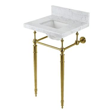 Imagem de Kingston Brass KVPB1917M8SQ7 Pernas de pia de console Carrara eduardiano de 48 cm (perfurações de torneira de 20 cm), mármore branco/latão escovado