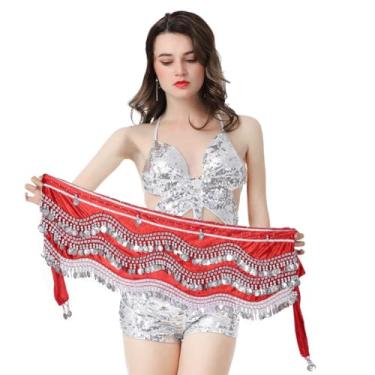 Imagem de Cachecol feminino de dança do ventre com moedas douradas corrente de cintura para dança e quadril saia para dança do ventre, Vermelho, prata, Tamanho Único